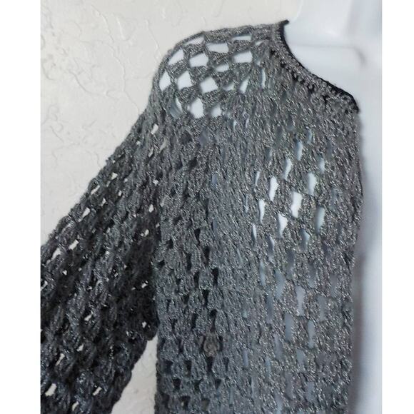 Handmade Crochet Boho Cardigan Fits Medium Gray Metallic Knit and Black Rose - Picture 4 of 7